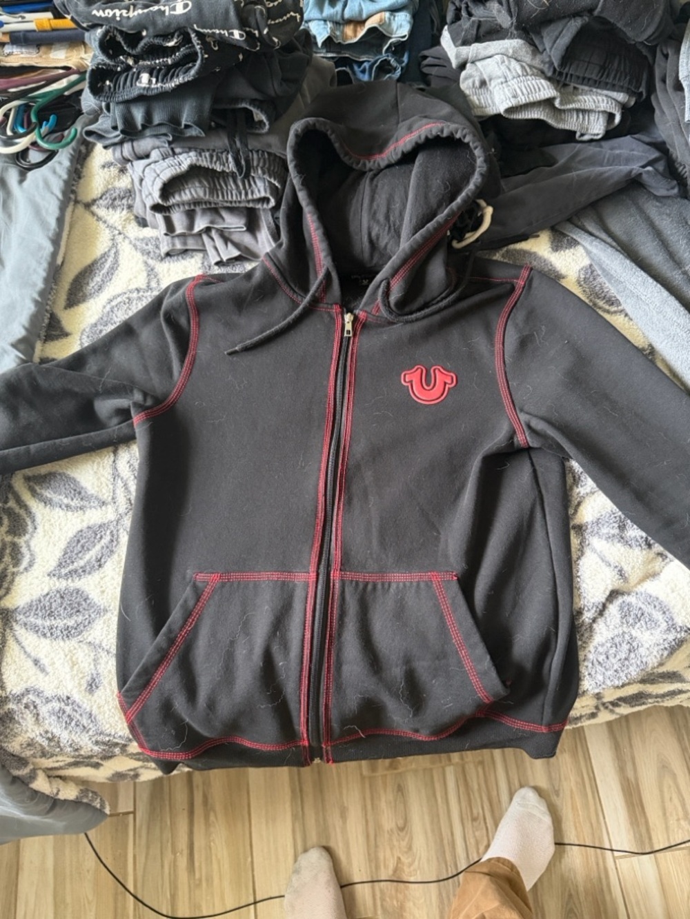 True Religion Black Zip-Up Hoodie with Red Trim and Logo